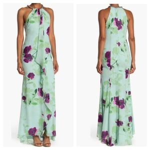 Calvin Klein Embellished Halter Neck Floral Sleeveless Maxi Dress Seafoam Sz 12